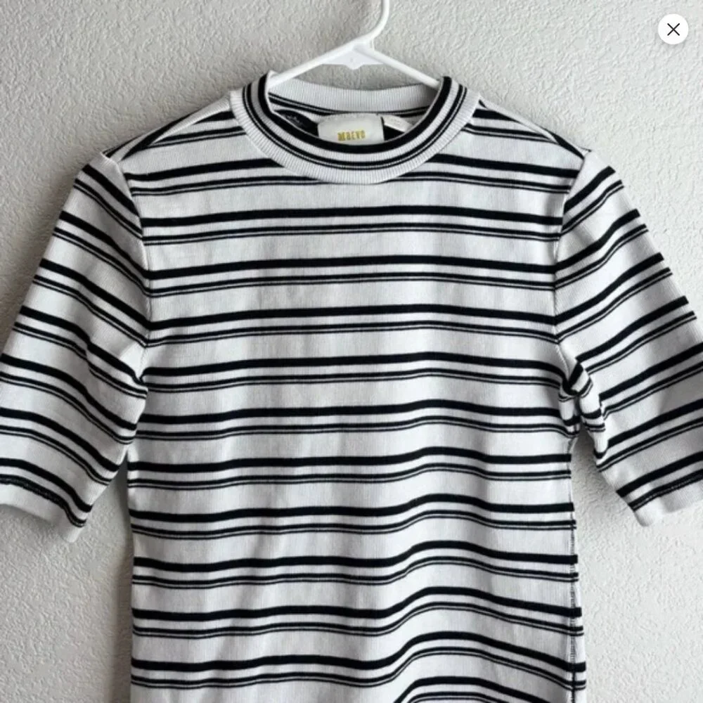Maeve Anthropologie mock neck ribbed striped short sleeve top Small S - Picture 2 of 6